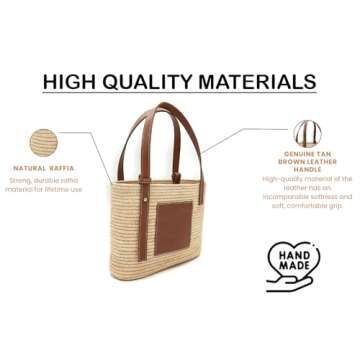Luxury Raffia Tote Bag with Leather Handles – Handcrafted Elegance for Everyday Style, Women's Straw Woven Shoulder Bag, Tote Handbag, Summer Beach Purse (Khaki)