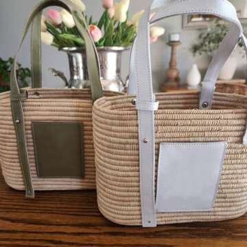 Luxury Raffia Tote Bag with Leather Handles – Handcrafted Elegance for Everyday Style, Women's Straw Woven Shoulder Bag, Tote Handbag, Summer Beach Purse (Khaki)