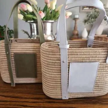 Luxury Raffia Tote Bag with Leather Handles – Handcrafted Elegance for Everyday Style, Women's Straw Woven Shoulder Bag, Tote Handbag, Summer Beach Purse (Khaki)