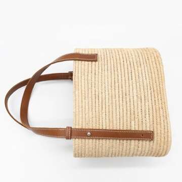 Luxury Raffia Tote Bag with Leather Handles – Handcrafted Elegance for Everyday Style, Women's Straw Woven Shoulder Bag, Tote Handbag, Summer Beach Purse (Khaki)