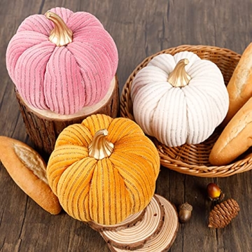 winemana 3 Pcs Thanksgiving Decorations Large Artificial Pumpkins, Lint Pink Orange White Fall Tabletop Centerpieces, Fall Friendsgiving Decorations for Home Kitchen Table Indoor Party Outdoor Yard