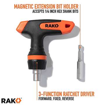 RAK Universal Socket Tool - Birthday Gifts for Men - Set of 15 with 1/4-to-3/4-inch Wrench Grip, T-Handle Ratchet Driver and 10 Screwdriver Bits - Gifts for men, Husband, Handyman