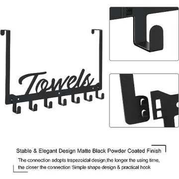 Azmoncy Over The Door Hooks, Towel Rack for Bathroom Towel Holder for Hanging Heavy Duty, Over Door Towel Hanger with 6 Hooks for Bedroom Bathroom Kitchen Towels, Bag, Coats, Hats - Black