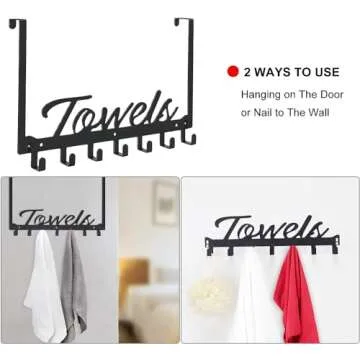 Azmoncy Over The Door Hooks, Towel Rack for Bathroom Towel Holder for Hanging Heavy Duty, Over Door Towel Hanger with 6 Hooks for Bedroom Bathroom Kitchen Towels, Bag, Coats, Hats - Black