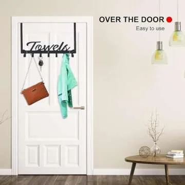Azmoncy Over The Door Hooks, Towel Rack for Bathroom Towel Holder for Hanging Heavy Duty, Over Door Towel Hanger with 6 Hooks for Bedroom Bathroom Kitchen Towels, Bag, Coats, Hats - Black