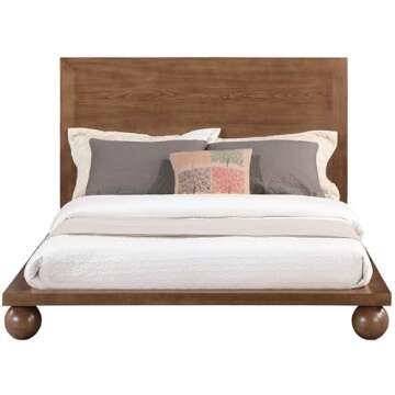 Meridian Furniture KentWalnut-Q Kent Collection Art Deco Queen Bed with Solid Ash Wood, Rich Walnut Brown Finish, Ball Legs, 61.5" W x 83" D x 36.25" H, Walnut, Queen