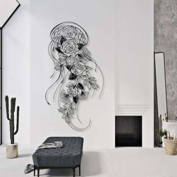 Metal Wall Decor, Metal Jellyfish Wall Decor, Jellyfish Wall Decor, Floral Wall Art, Leaf Wall Decor, Line Art Wall Decor, Wall Decor Living Room, Wall Decor for Bedroom (Gold, 35 x 19 in / 90 x 48cm)