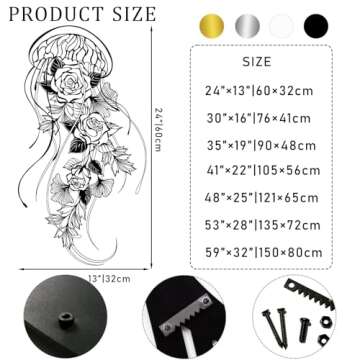 Metal Wall Decor, Metal Jellyfish Wall Decor, Jellyfish Wall Decor, Floral Wall Art, Leaf Wall Decor, Line Art Wall Decor, Wall Decor Living Room, Wall Decor for Bedroom (Gold, 35 x 19 in / 90 x 48cm)