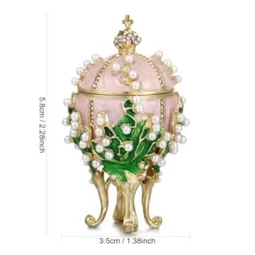 Hand Painted Enamel Pearl Flower Faberge Egg Trinket Box, Unique Hinged Floral Jewelry Box Organizer...