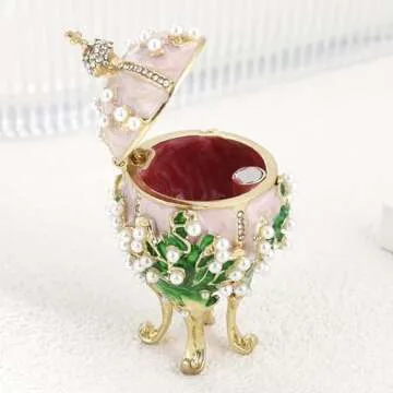 Hand Painted Enamel Pearl Flower Faberge Egg Trinket Box, Unique Hinged Floral Jewelry Box Organizer, Vintage Bejeweled Storage, Figurine Collectible Keepsake Home Decor (Pink)