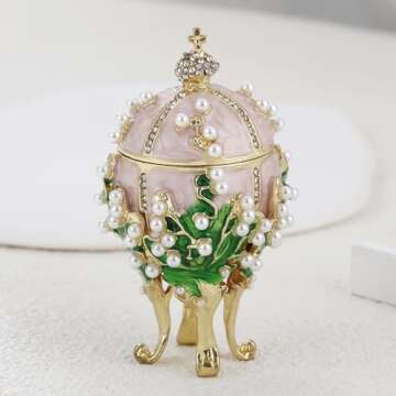 Hand Painted Enamel Pearl Flower Faberge Egg Trinket Box, Unique Hinged Floral Jewelry Box Organizer, Vintage Bejeweled Storage, Figurine Collectible Keepsake Home Decor (Pink)
