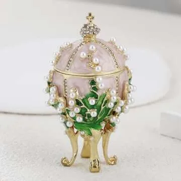 Hand Painted Enamel Pearl Flower Faberge Egg Trinket Box, Unique Hinged Floral Jewelry Box Organizer, Vintage Bejeweled Storage, Figurine Collectible Keepsake Home Decor (Pink)