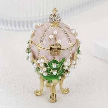 Hand Painted Enamel Pearl Flower Faberge Egg Trinket Box, Unique Hinged Floral Jewelry Box Organizer, Vintage Bejeweled Storage, Figurine Collectible Keepsake Home Decor (Pink)