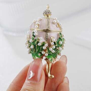 Hand Painted Enamel Pearl Flower Faberge Egg Trinket Box, Unique Hinged Floral Jewelry Box Organizer, Vintage Bejeweled Storage, Figurine Collectible Keepsake Home Decor (Pink)