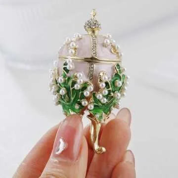 Hand Painted Enamel Pearl Flower Faberge Egg Trinket Box, Unique Hinged Floral Jewelry Box Organizer, Vintage Bejeweled Storage, Figurine Collectible Keepsake Home Decor (Pink)