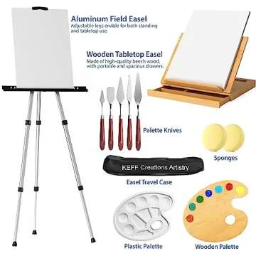 KEFF Super Deluxe All-Inclusive Art Supplies for Adults and Kids - 140 Pcs Professional Painting Kit with Canvas, Acrylic, Watercolor & Oil Paints, Aluminum Field & Wooden Easel & More