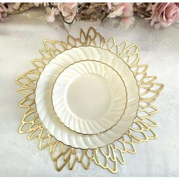 " OCCASIONS " 10 Pieces Pack Pressed Vinyl Metallic Placemats/Wedding Accent Centerpiece Placemat (Round Gold Leaf)