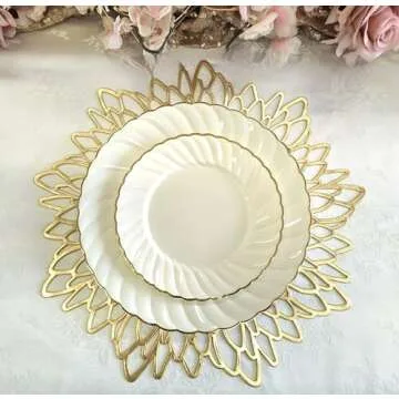 " OCCASIONS " 10 Pieces Pack Pressed Vinyl Metallic Placemats/Wedding Accent Centerpiece Placemat (Round Gold Leaf)