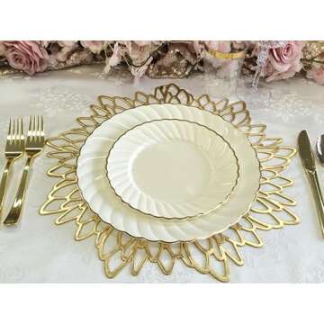 " OCCASIONS " 10 Pieces Pack Pressed Vinyl Metallic Placemats/Wedding Accent Centerpiece Placemat (Round Gold Leaf)