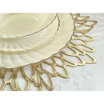 " OCCASIONS " 10 Pieces Pack Pressed Vinyl Metallic Placemats/Wedding Accent Centerpiece Placemat (Round Gold Leaf)