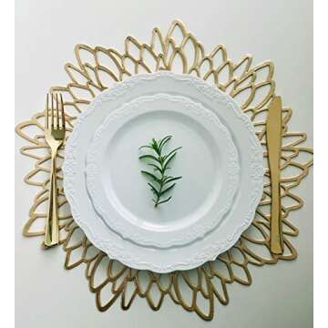 " OCCASIONS " 10 Pieces Pack Pressed Vinyl Metallic Placemats/Wedding Accent Centerpiece Placemat (Round Gold Leaf)