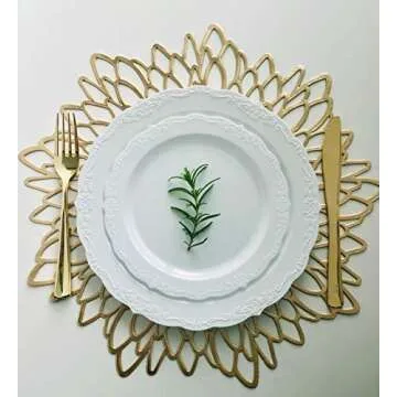 " OCCASIONS " 10 Pieces Pack Pressed Vinyl Metallic Placemats/Wedding Accent Centerpiece Placemat (Round Gold Leaf)