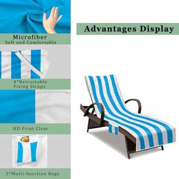NISDOING Lounge Chair Towel Cover, Beach Chair Cover (Pack of 2), Pool Lounge Chair Covers for Outdoor,Garden, Beach,Sun Lounger,Hotel Pool, 85" X 30"Large Size and No Sliding, Light Blue Stripe