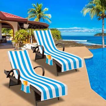 NISDOING Lounge Chair Towel Cover, Beach Chair Cover (Pack of 2), Pool Lounge Chair Covers for Outdoor,Garden, Beach,Sun Lounger,Hotel Pool, 85" X 30"Large Size and No Sliding, Light Blue Stripe