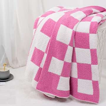 Carriediosa Checkered Throw Blanket 60" X 80" Twin, 400GSM Ultra Soft Microfiber Fuzzy Fluffy Reversible Cute Preppy Knitted Blankets Cozy Plush Fall Throws for Couch, Bed, Sofa, Hot Pink