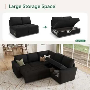 HONBAY Modular Sectional Sleeper Sofa with Pull Out Bed, Velvet Convertible L Shaped Sectional Couch with Storage Seat, Sectional Couches for Living Room, Balck