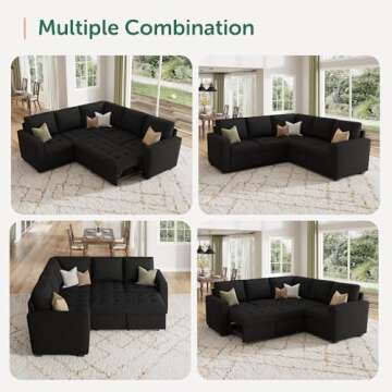 HONBAY Modular Sectional Sleeper Sofa with Pull Out Bed, Velvet Convertible L Shaped Sectional Couch with Storage Seat, Sectional Couches for Living Room, Balck