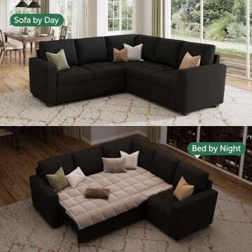 HONBAY Modular Sectional Sleeper Sofa with Pull Out Bed, Velvet Convertible L Shaped Sectional Couch with Storage Seat, Sectional Couches for Living Room, Balck