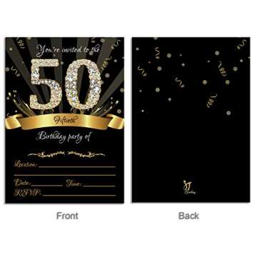 JT Studios 50th Birthday Party Invitations 5x7 Black & Gold Cards with Envelopes and Gold Metallic P...
