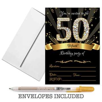 JT Studios 50th Birthday Party Invitations 5x7 Black & Gold Cards with Envelopes and Gold Metallic Pen (Pack of 25)