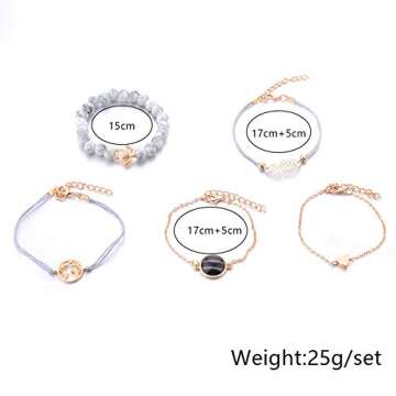 VONRU Beaded Bracelets for Women - Adjustable Charm Pendent Stack Bracelets For Women Friendship Gift Rose Quartz Bracelet Links with Pearl Gold Plated 5pcs/Set