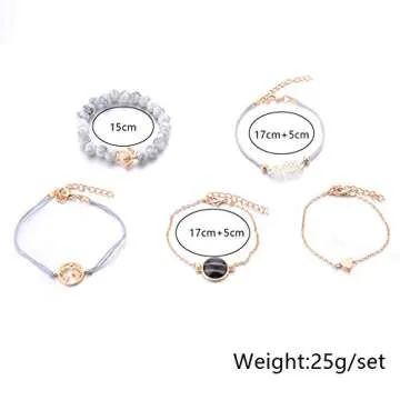 VONRU Beaded Bracelets for Women - Adjustable Charm Pendent Stack Bracelets For Women Friendship Gift Rose Quartz Bracelet Links with Pearl Gold Plated 5pcs/Set