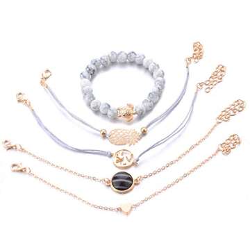 VONRU Beaded Bracelets for Women - Adjustable Charm Pendent Stack Bracelets For Women Friendship Gift Rose Quartz Bracelet Links with Pearl Gold Plated 5pcs/Set