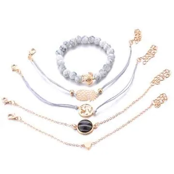 VONRU Beaded Bracelets for Women - Adjustable Charm Pendent Stack Bracelets For Women Friendship Gift Rose Quartz Bracelet Links with Pearl Gold Plated 5pcs/Set