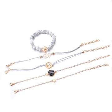 VONRU Beaded Bracelets for Women - Adjustable Charm Pendent Stack Bracelets For Women Friendship Gift Rose Quartz Bracelet Links with Pearl Gold Plated 5pcs/Set