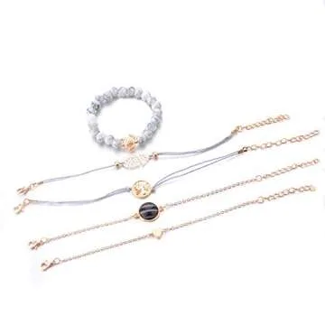 VONRU Beaded Bracelets for Women - Adjustable Charm Pendent Stack Bracelets For Women Friendship Gift Rose Quartz Bracelet Links with Pearl Gold Plated 5pcs/Set