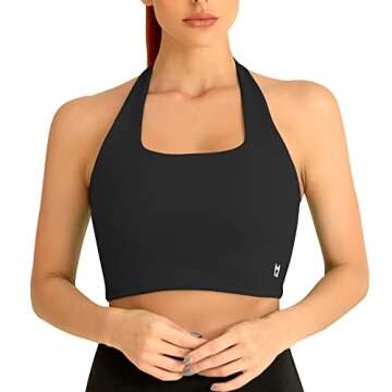 H-Quenby Halter Sports Bras for Women Backless Crop Bras Top with Built in Bra for Yoga Running Fitness Black