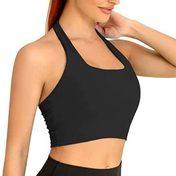 H-Quenby Halter Sports Bras for Women Backless Crop Bras Top with Built in Bra for Yoga Running Fitness Black