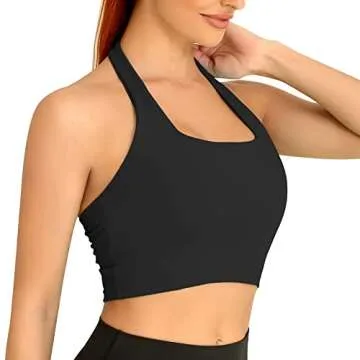 H-Quenby Halter Sports Bras for Women Backless Crop Bras Top with Built in Bra for Yoga Running Fitness Black