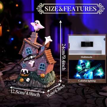 Valery Madelyn Vintage Halloween Villages Decorations, 9.4Inch Lighted Cute Halloween Ghosts Haunted House Resin Statue with Music and Light for Yard Garden Outdoor Indoor Home Halloween Party Decor