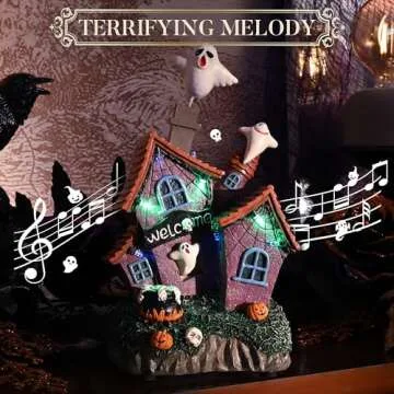 Valery Madelyn Vintage Halloween Villages Decorations, 9.4Inch Lighted Cute Halloween Ghosts Haunted House Resin Statue with Music and Light for Yard Garden Outdoor Indoor Home Halloween Party Decor