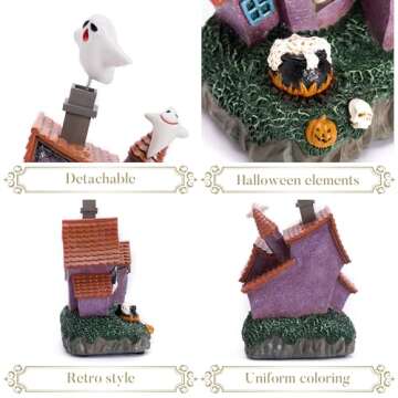 Valery Madelyn Vintage Halloween Villages Decorations, 9.4Inch Lighted Cute Halloween Ghosts Haunted House Resin Statue with Music and Light for Yard Garden Outdoor Indoor Home Halloween Party Decor