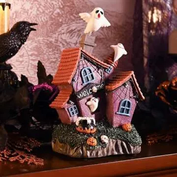 Valery Madelyn Vintage Halloween Villages Decorations, 9.4Inch Lighted Cute Halloween Ghosts Haunted House Resin Statue with Music and Light for Yard Garden Outdoor Indoor Home Halloween Party Decor
