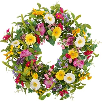 Skrantun 18 inch Spring Wreath for Front Door Artificial Flower Wreath with Green Leaves Summer Wrea...