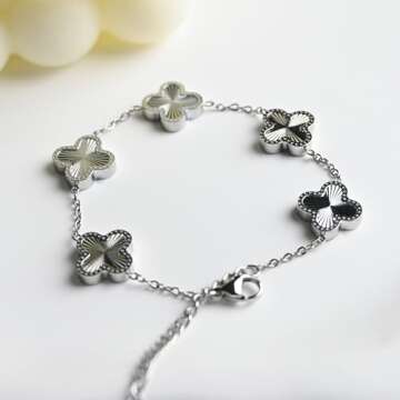 AIPPK Silver Bracelet Dupes Clover Lucky Bracelet for Women Platinum Plated Bracelet Flower Four Lea...