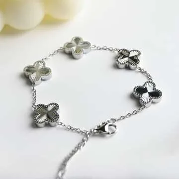AIPPK Silver Bracelet Dupes Clover Lucky Bracelet for Women Platinum Plated Bracelet Flower Four Lea...